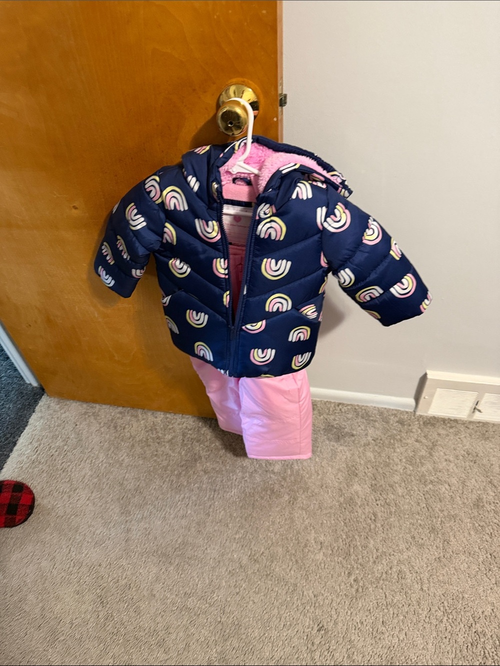Navy Rainbow Puffer Jacket with Pink Snow Pants